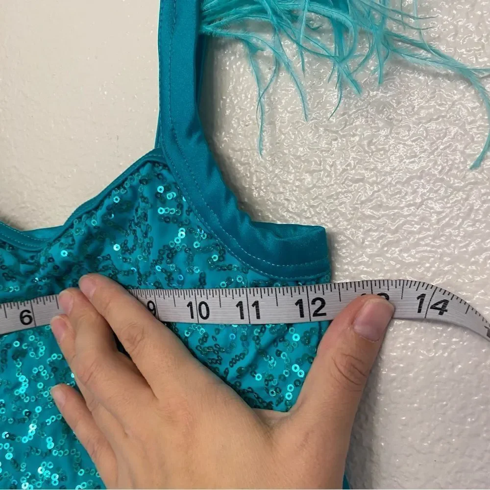 WEISSMAN Dance Costume sassy aqua blue feather Move D12545 XSA-extra small adult